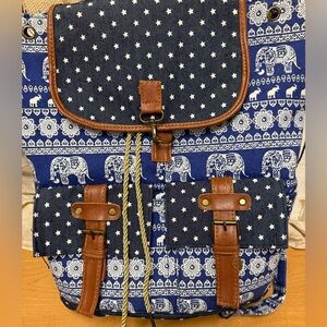 Boho Elephant Print Canvas Backpack Brown Leather Accents